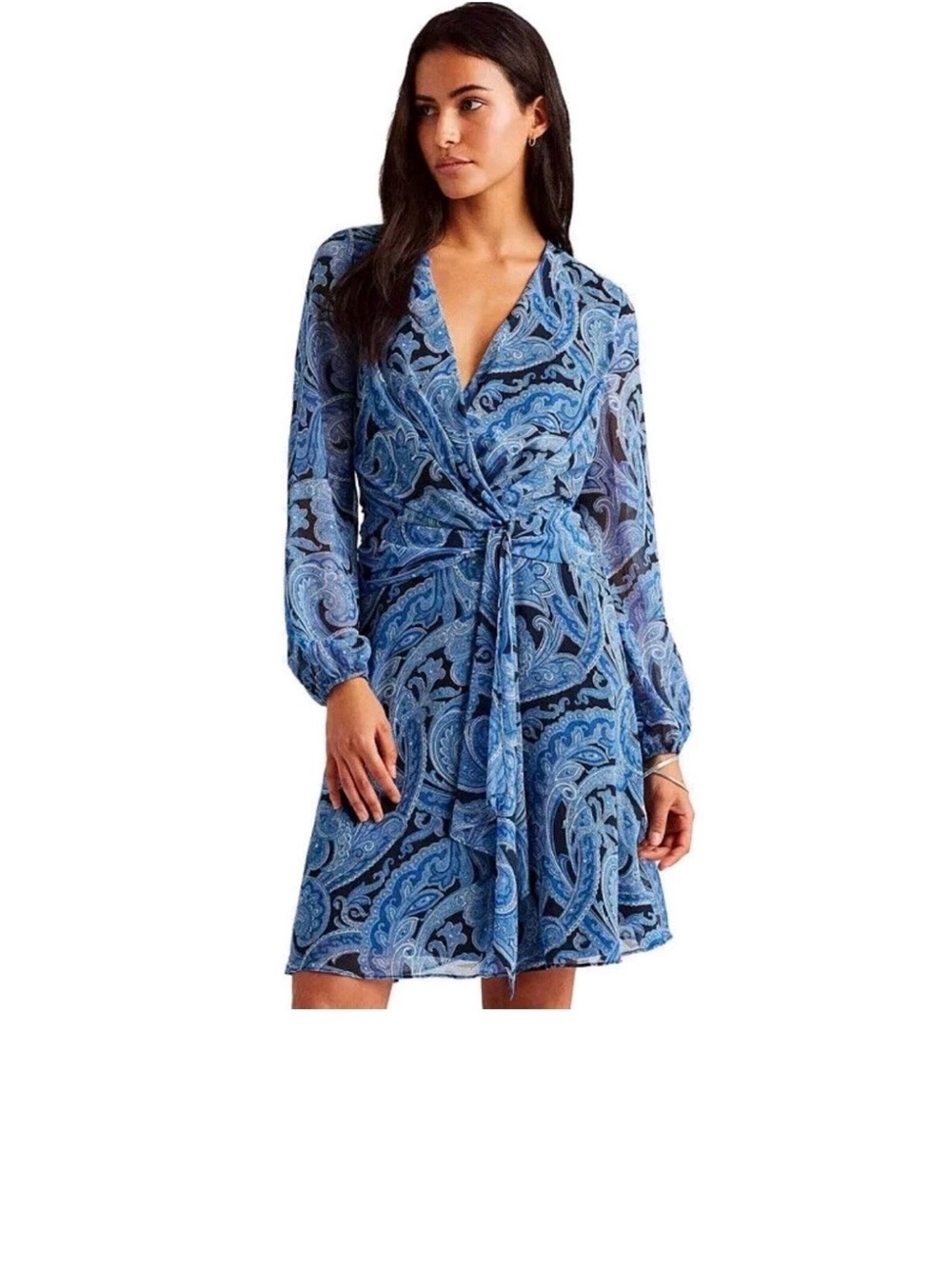 Lauren Ralph Lauren Blue Paisley Tie-Front Long Sleeve Dress Sz 6P NWT